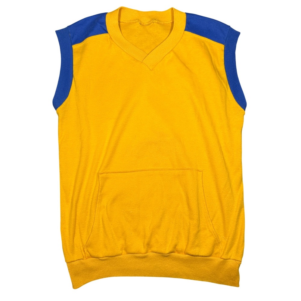 Vintage 80s Sleeveless Sweatshirt Vest Yellow Blue V-Neck Kangaroo Pocket Mens L